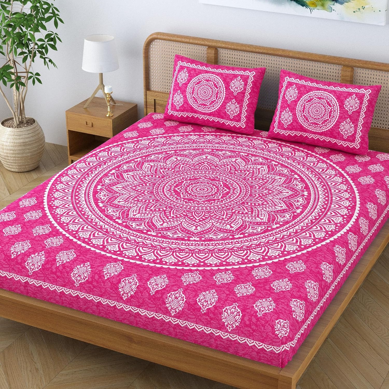 Printed Jaipuri Bedsheet For Double Bed With 2 Pillow Covers - 83 X 94 Inches, Pink | Long Lasting & Soft 120 Thread Count Bedsheet