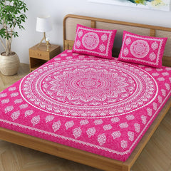Printed Jaipuri Bedsheet For Double Bed With 2 Pillow Covers - 83 X 94 Inches, Pink | Long Lasting & Soft 120 Thread Count Bedsheet
