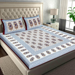 Pure 100% Cotton Double Bed Sheet With 2 Pillow Covers - 90 X 100 Inches, Blue & Maroon | Beautifully Handcrafted Traditional Bedsheets - Skin Friendly Fabric