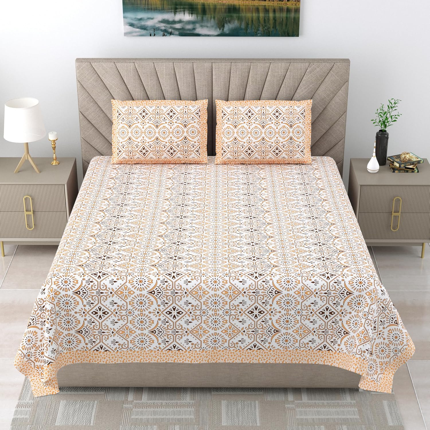 Bedsheet For Queen Bed With 2 Pillow Covers - 90 X 108 Inches, Orange & White | Pure Cotton Traditional Jaipuri Printed | Ideal For Both Everyday Use & Special Events