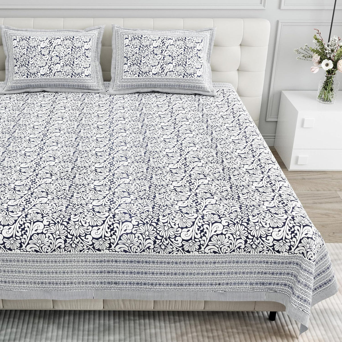 Pure Cotton King Size Bedsheet 2 Matching Pillow Covers | 100x108 Inches, White & Blue | Traditional Jaipuri Printed Bedsheet | Ideal Wedding Gift, Housewarming, Special Occasion Surprise
