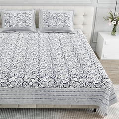 Pure Cotton King Size Bedsheet 2 Matching Pillow Covers | 100x108 Inches, White & Blue | Traditional Jaipuri Printed Bedsheet | Ideal Wedding Gift, Housewarming, Special Occasion Surprise