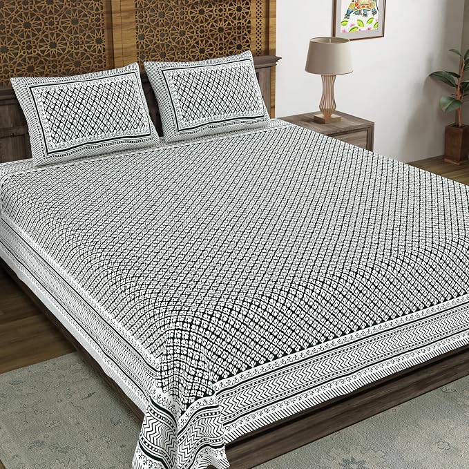 Traditional Hand Block Printed Cotton King Size Bedsheet With 2 Pillow Covers, 104 X 104 Inches, Dark Green | 200 Thread Count-Vibrant Bedding For Stylish Bedrooms