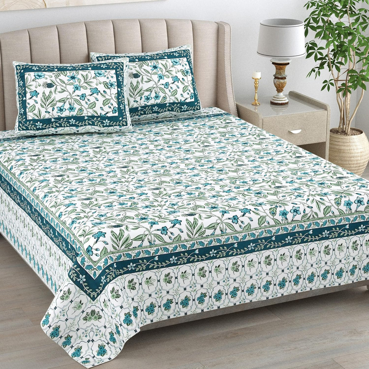 Cotton Queen Size Bedsheet For Double Bed With 2 Pillow Covers | 90 X 108 Inches, White & Green | Cotton Bedsheet Is Suitable For All Seasons | Ultra-Soft, Skin-Safe & Breathable Fabric