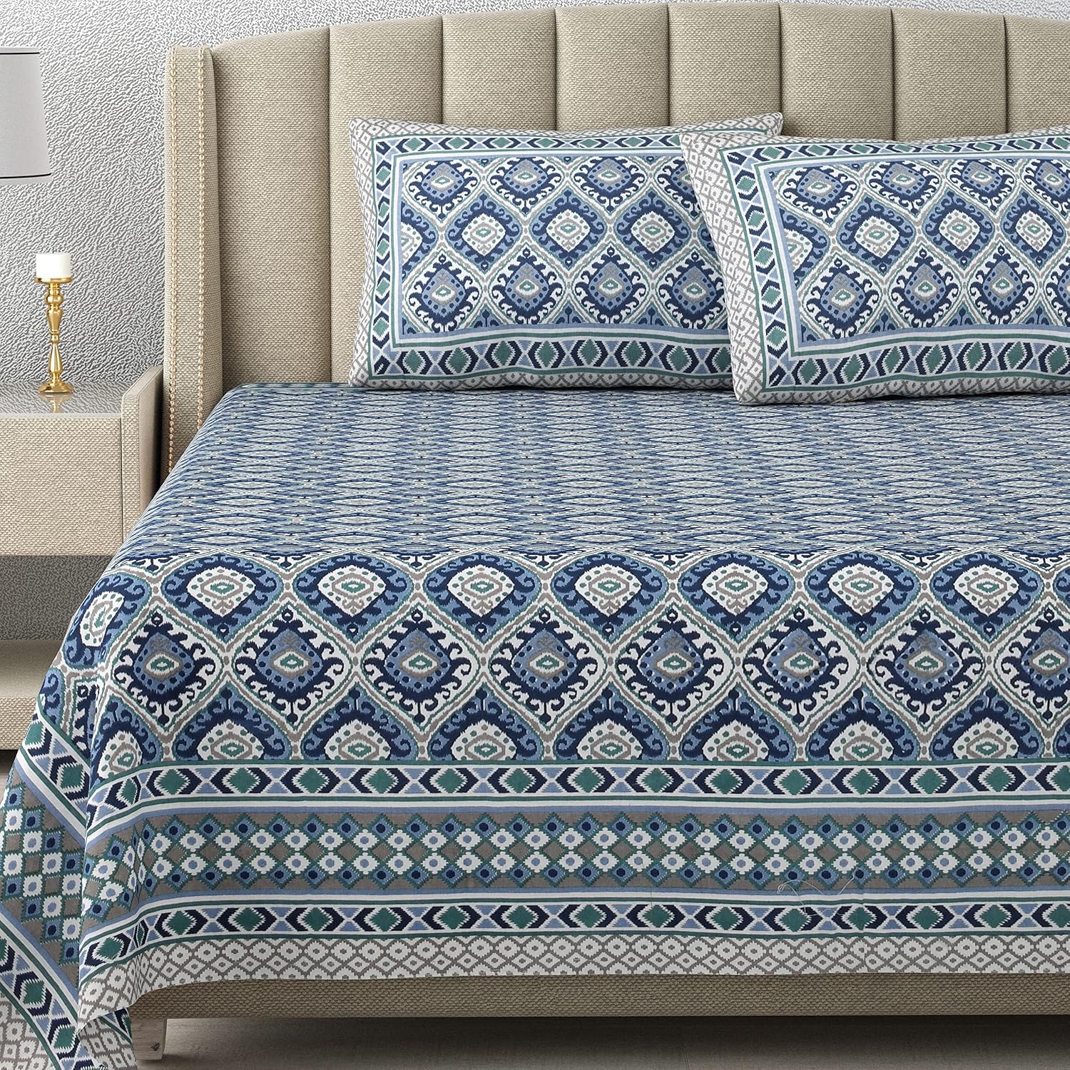 King Size Double Bedsheet With 2 Matching Pillow Covers Set | 90 X 108 Inches, Blue - Designer Printed Bedsheet Set | Perfectly Styled & Coordinated Look Bedsheet