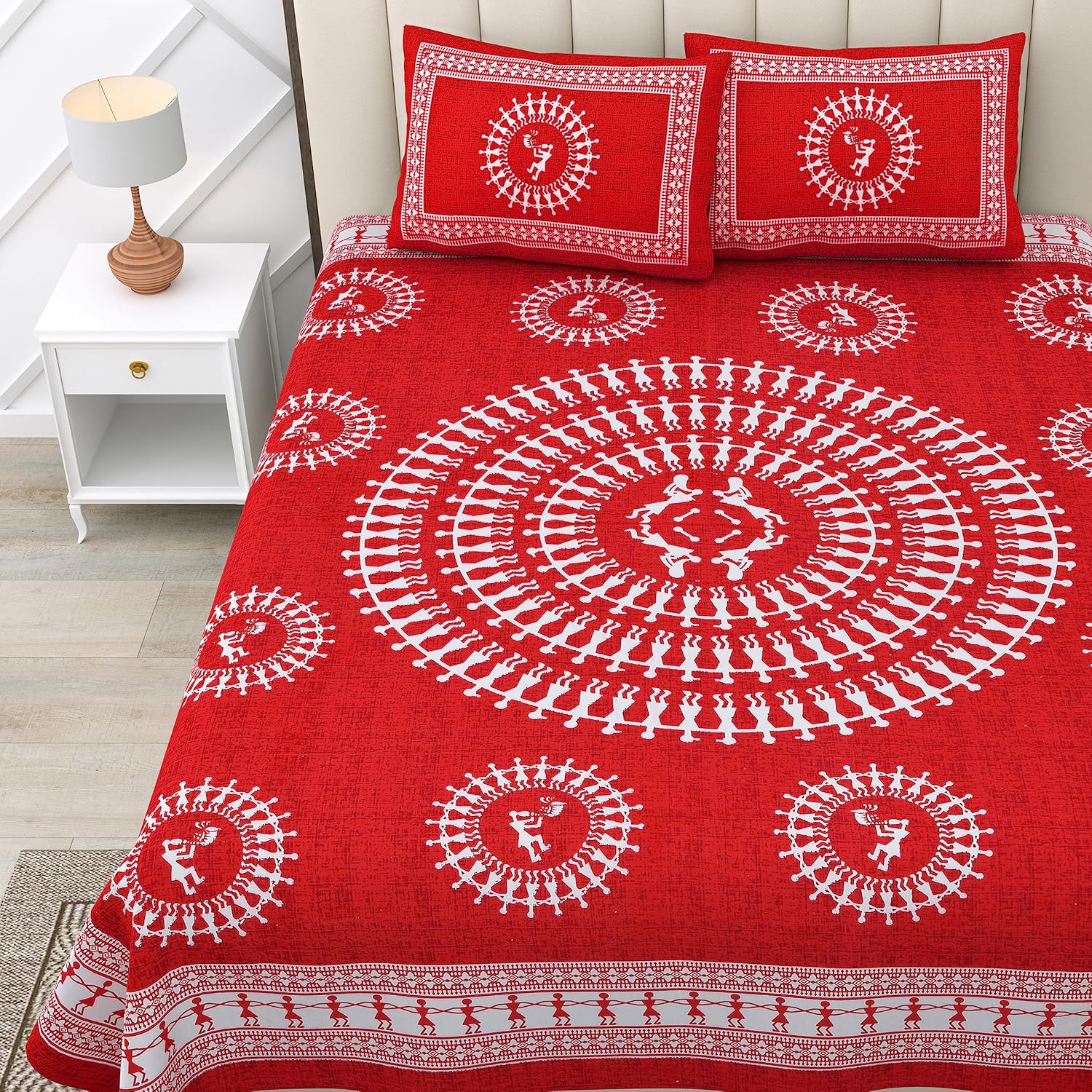 Printed Double Bedsheets For King Size With 2 Pillow Covers - 90 X 100 Inches, Red & White | Comfort Jaipuri Collection Bedsheet - Suitable For All Seasons
