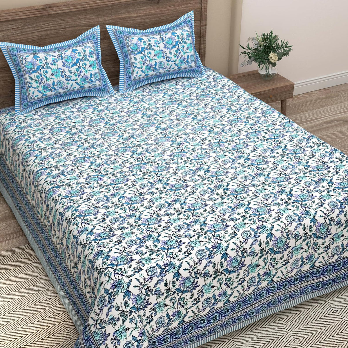 Traditional Rajasthani Design Bedsheet With 2 Pillow Covers - 90 X 108 Inches, Aqua & White | Color Fade Resistant & Shrinkage Resistant For All-Season Use