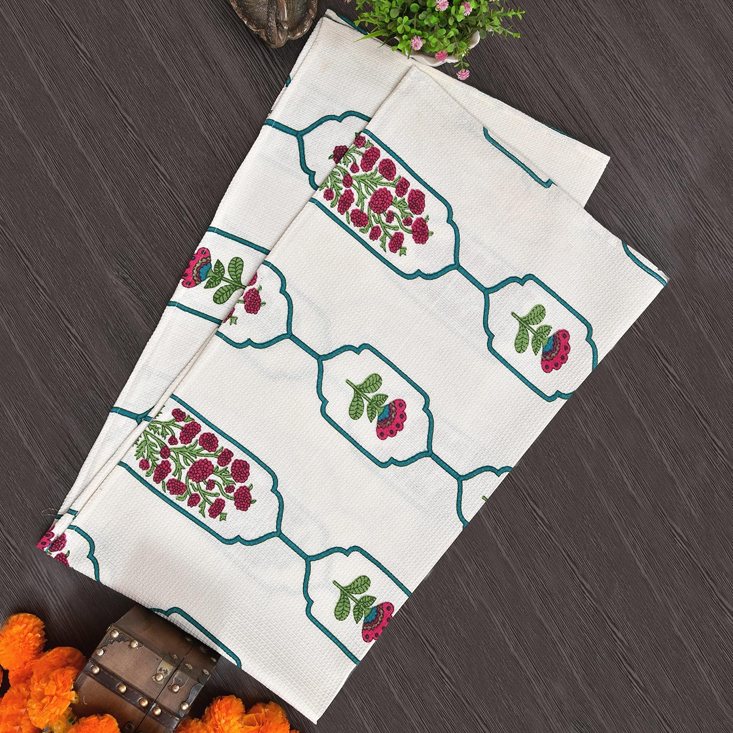 Mafatlal 100% Cotton Waffle Towel Large Size 200 Gsm | Light Weight, Quick Dry, Hand Printed, Floral Designs & Craft, Super Absorbent Towel (Madhuban Collection)