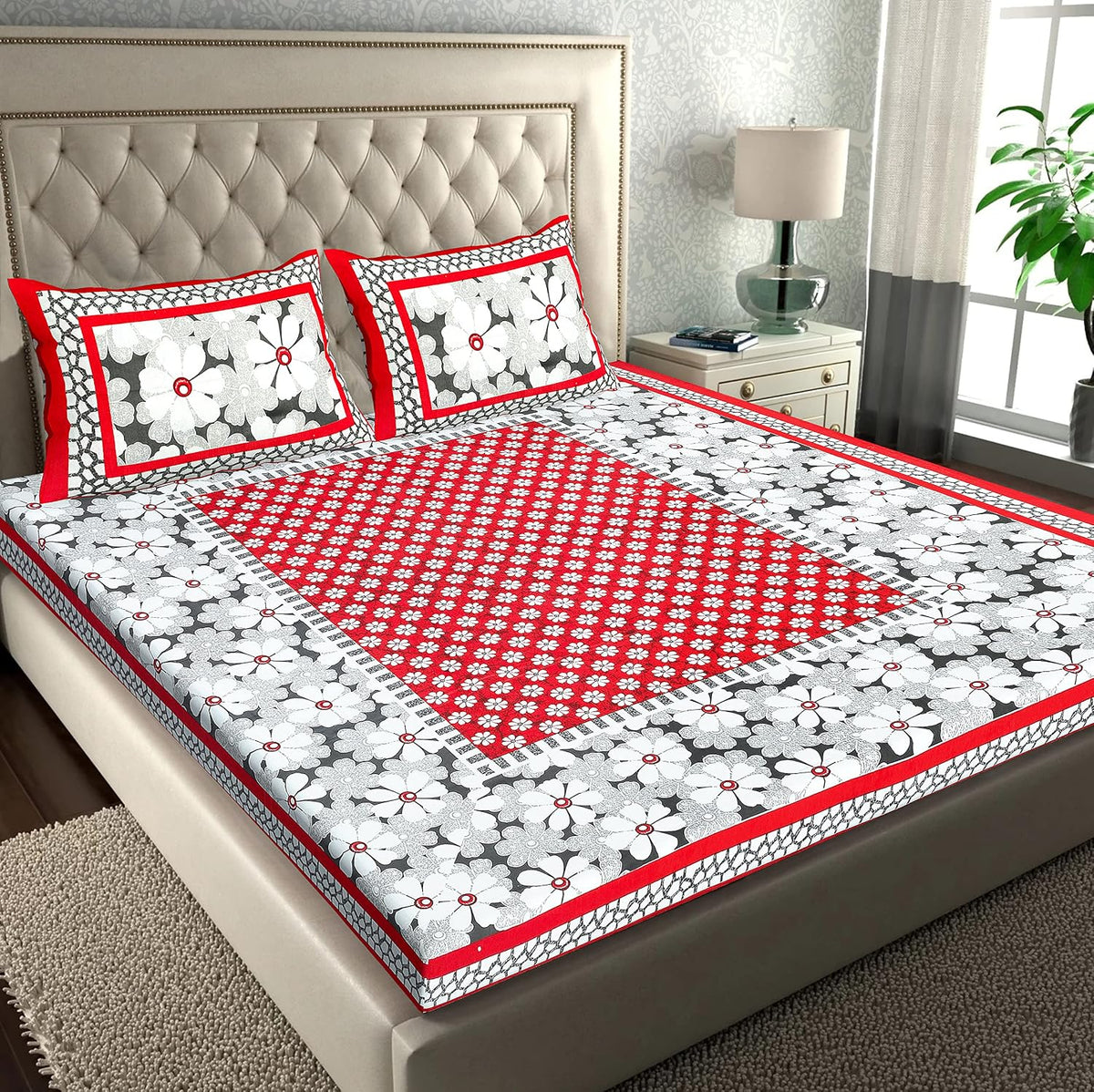 Pure 100% Cotton Double Bed Sheet With 2 Pillow Covers - 90 X 100 Inches, Maroon & White | Beautifully Handcrafted Traditional Bedsheets - Skin Friendly Fabric