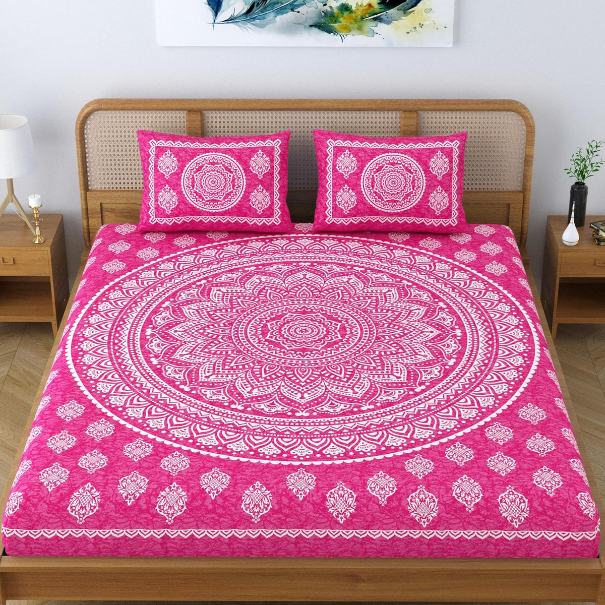 Printed Jaipuri Bedsheet For Double Bed With 2 Pillow Covers - 83 X 94 Inches, Pink | Long Lasting & Soft 120 Thread Count Bedsheet