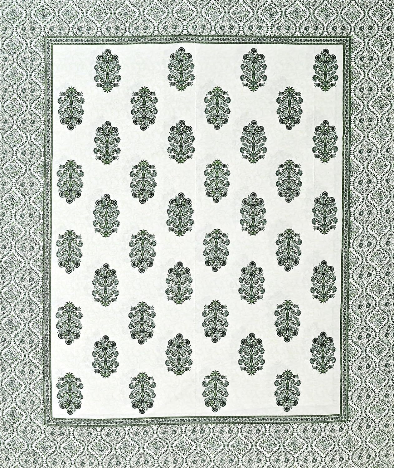 100% Cotton Jaipuri Bedsheet For King Size (90 X 103 Inches, Cream & Green) With 2 Pillow Covers | Perfect For Everyday Use, Guest Rooms, Or Gifting On Special Occasions