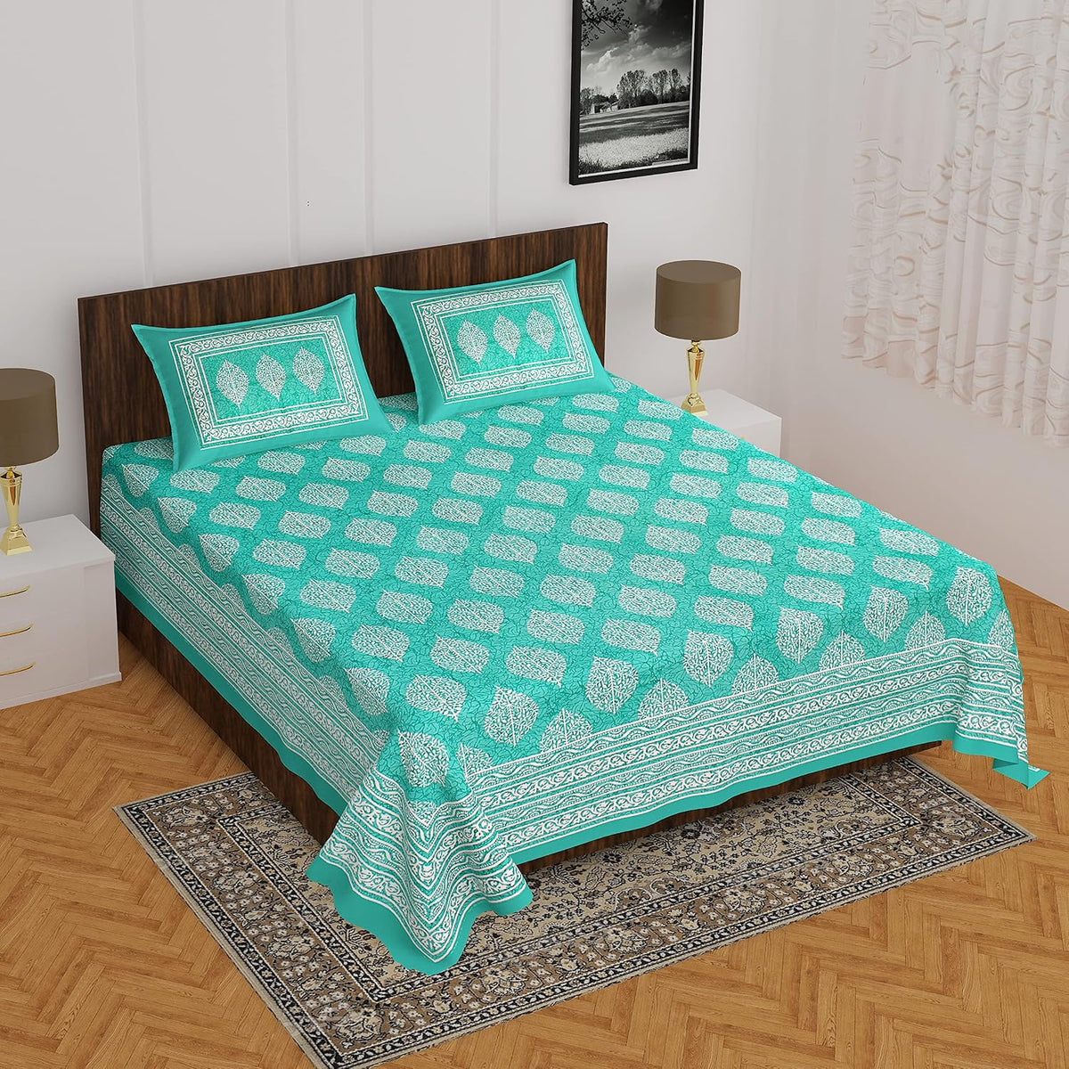 Jaipuri Traditional Queen Size Double Bedsheet With 2 King Size Pillow Covers - 90 X 100 Inches, Sea Green & White | Unique Design & Color Combination Perfectly Suits To Your Bedroom