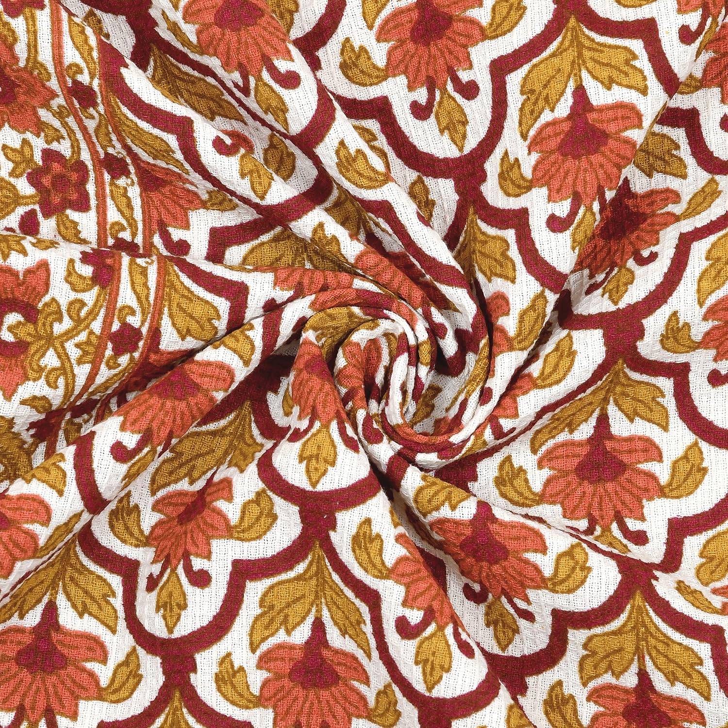 Easygoods Waffle Bath Towel Beautiful Pure Cotton Hand Block Printed Soft Water Absorbent Floral Printed Towels 250 Gsm (Carrot Red)