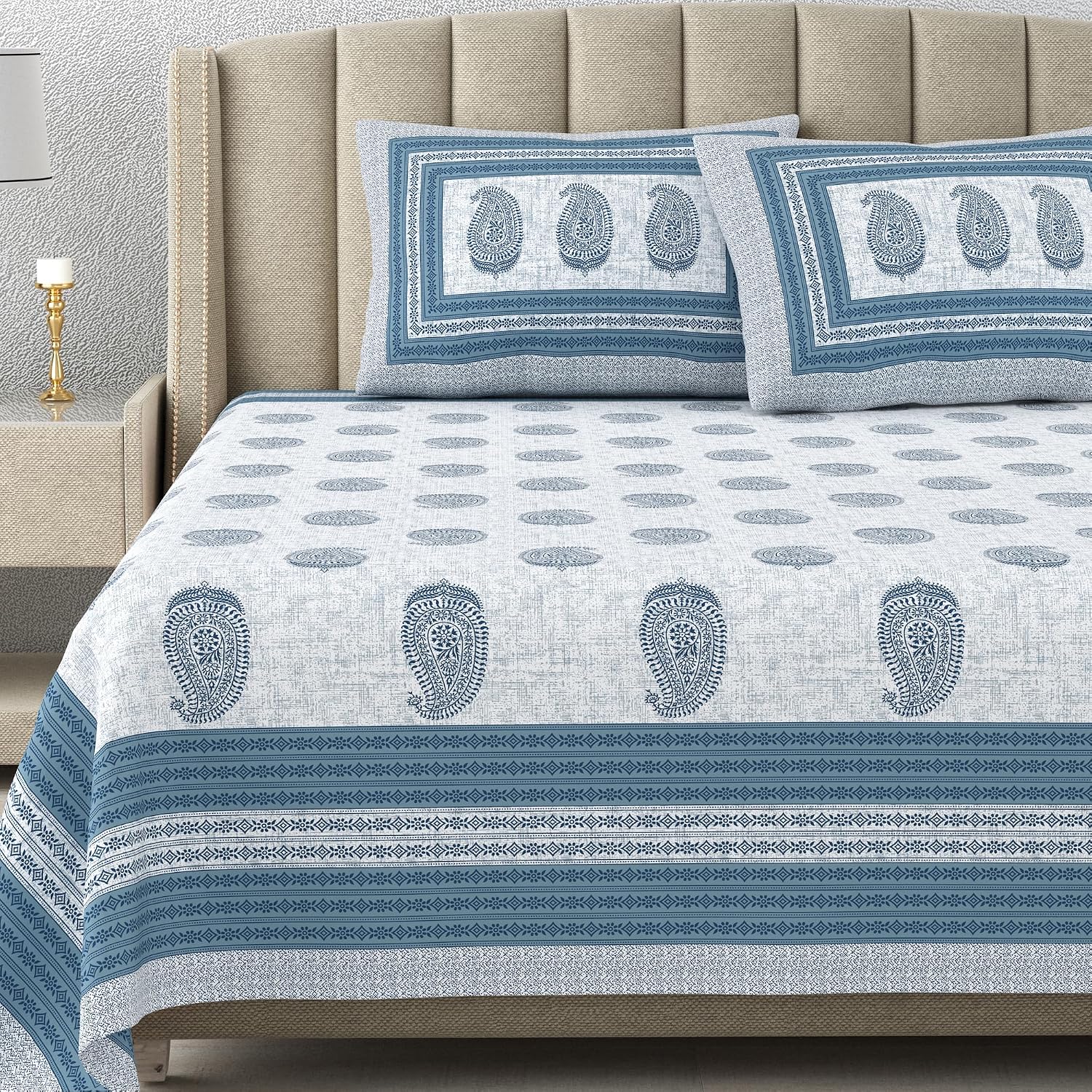 Cotton King Size Bedsheet With 2 Matching Pillow Covers - 90 X 108 Inches, Blue & Grey | Designer Printed Bedsheet Set - Naturally Soft, Breathable, & Skin-Friendly