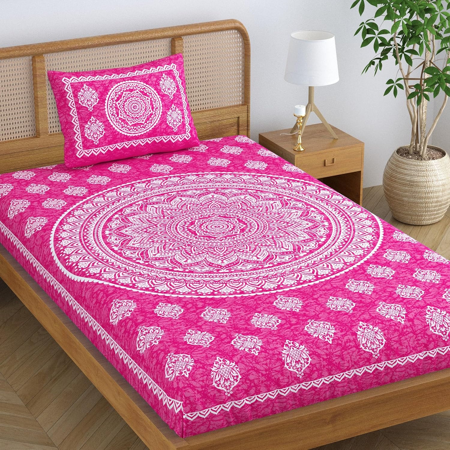 Single Bedsheet With 1 Pillow Covers - 54 X 84 Inches, Pink | Long Lasting & Soft 120 Thread Count Bedsheet | Traditional Jaipuri Printed Bedsheet