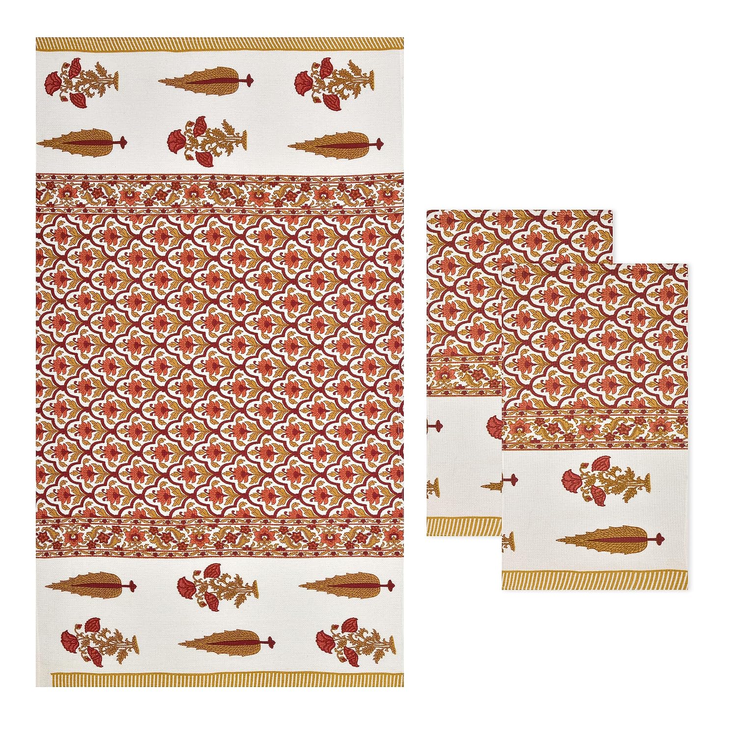 Easygoods Waffle 1 Bath & 2 Hand Towels Beautiful Pure Cotton Hand Block Printed Soft Water Absorbent Towels 250 Gsm (Carrot Red) | Pack Of 3