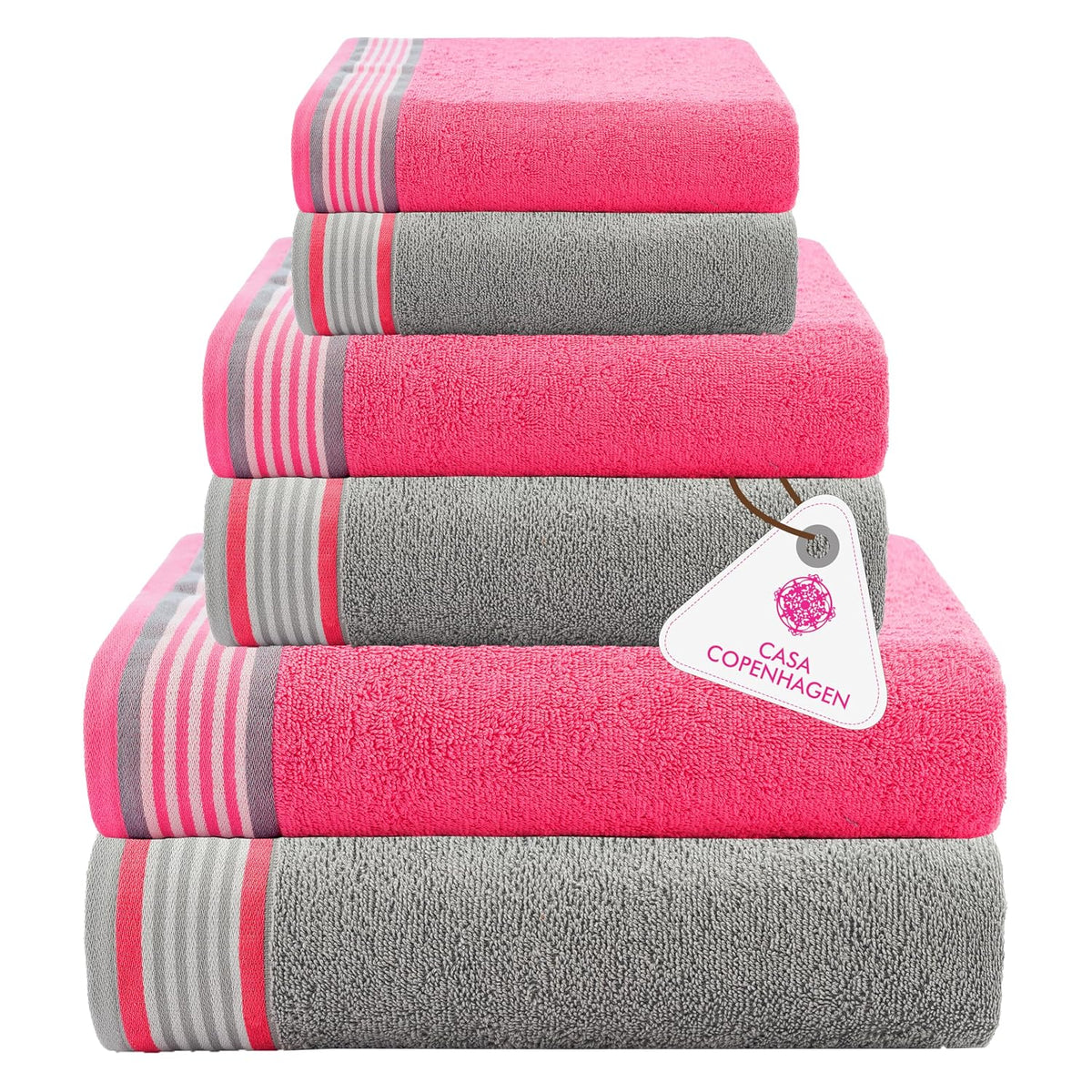 Casa Copenhagen Germany Design 2 Bath + 2 Hand & 2 Washcloths Towels 1800 Gsm | He & She Super Soft Collection 100% Cotton 6 Piece Towel Set - Grey Violet & Dusty Pink