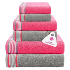 Casa Copenhagen Germany Design 2 Bath + 2 Hand & 2 Washcloths Towels 1800 Gsm | He & She Super Soft Collection 100% Cotton 6 Piece Towel Set - Grey Violet & Dusty Pink