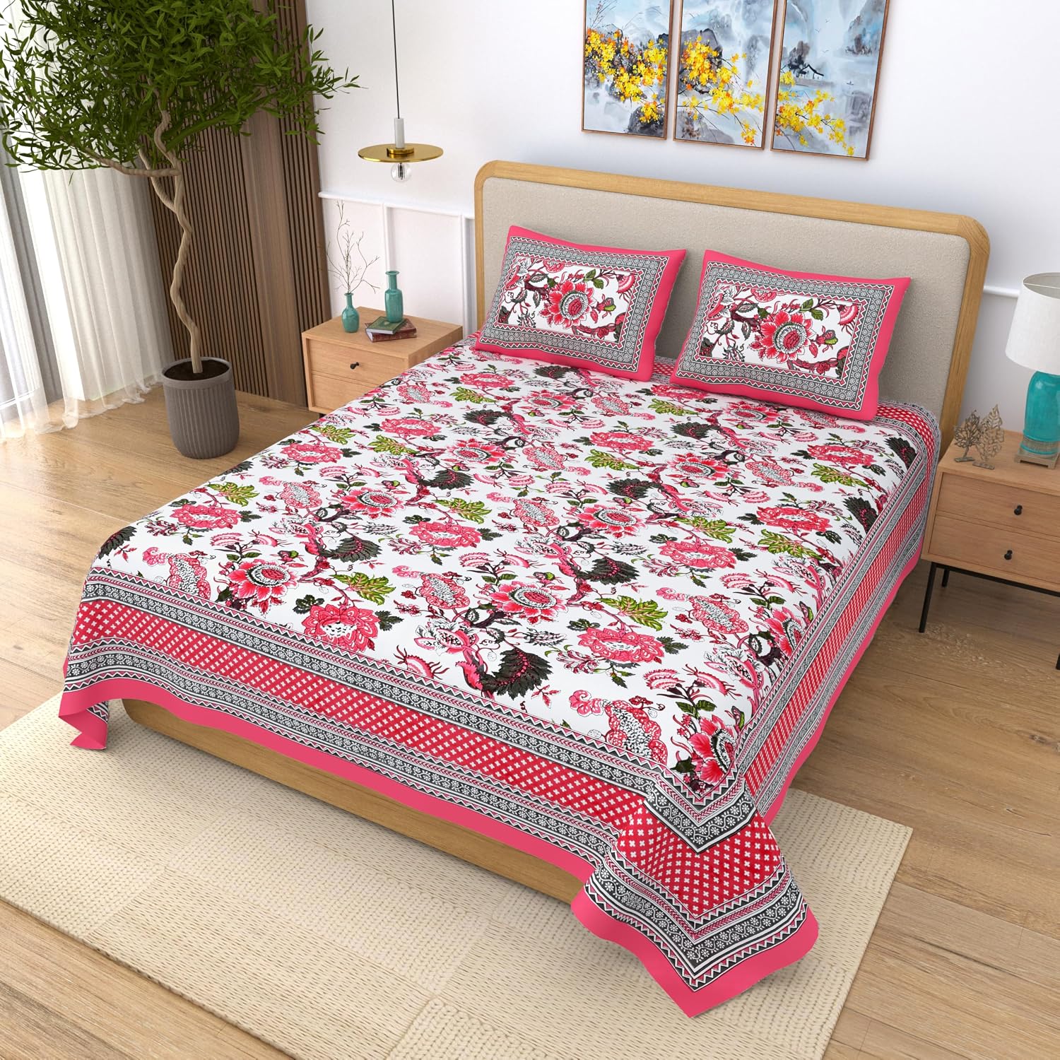 Traditional Rajasthani Design Bedsheet With 2 Pillow Covers - 90 X 108 Inches, Rose Pink | Color Fade Resistant & Shrinkage Resistant For All-Season Use