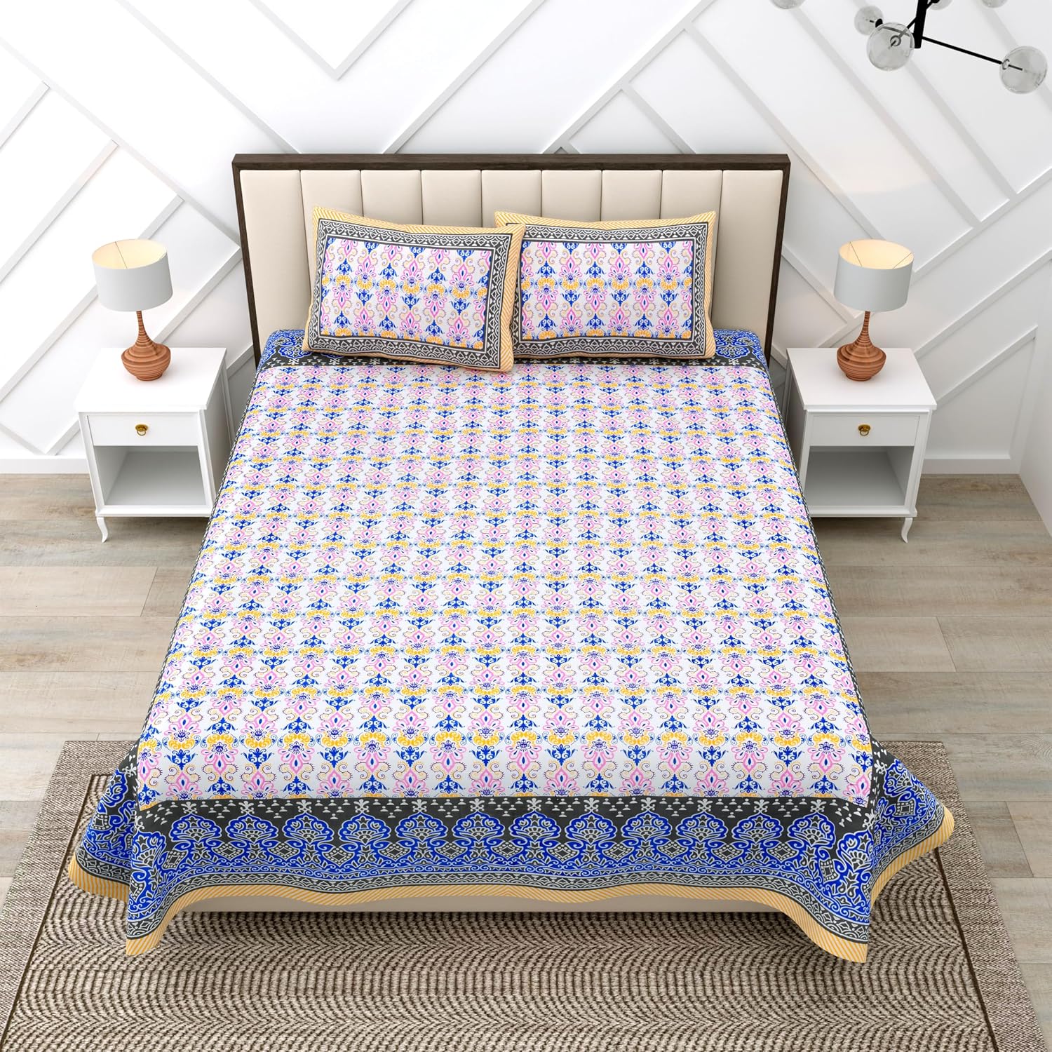 Suitable For King Size Bedsheet With 2 Pillow Cover - 90 X 108 Inches, Yellow & Blue | Soft, Breathable & Skin-Friendly Feel For Year-Round Comfort