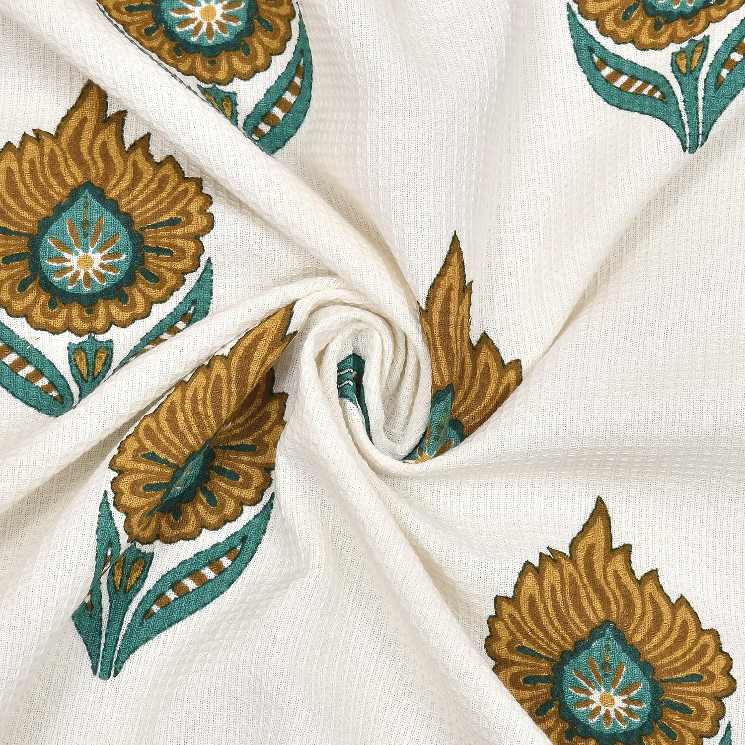 Easygoods Waffle Bath Towel Beautiful Pure Cotton Hand Block Printed Soft Water Absorbent Floral Printed Towels 250 Gsm (Mustard)
