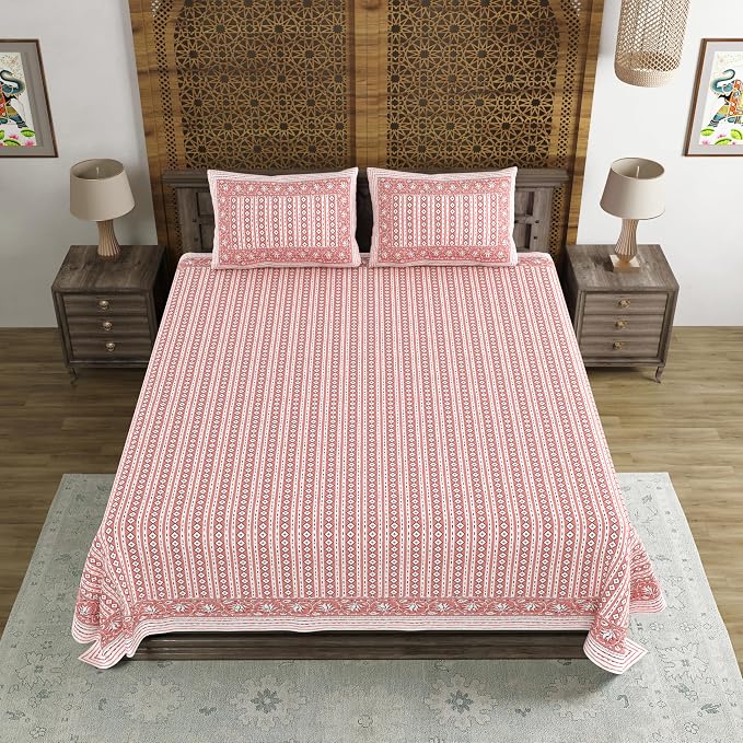 Hand Block Printed Cotton King Size Bedsheet With 2 Pillow Covers, 106 X 106 Inches, Pink | Good For Villas, Guest Houses, & Daily Home Use