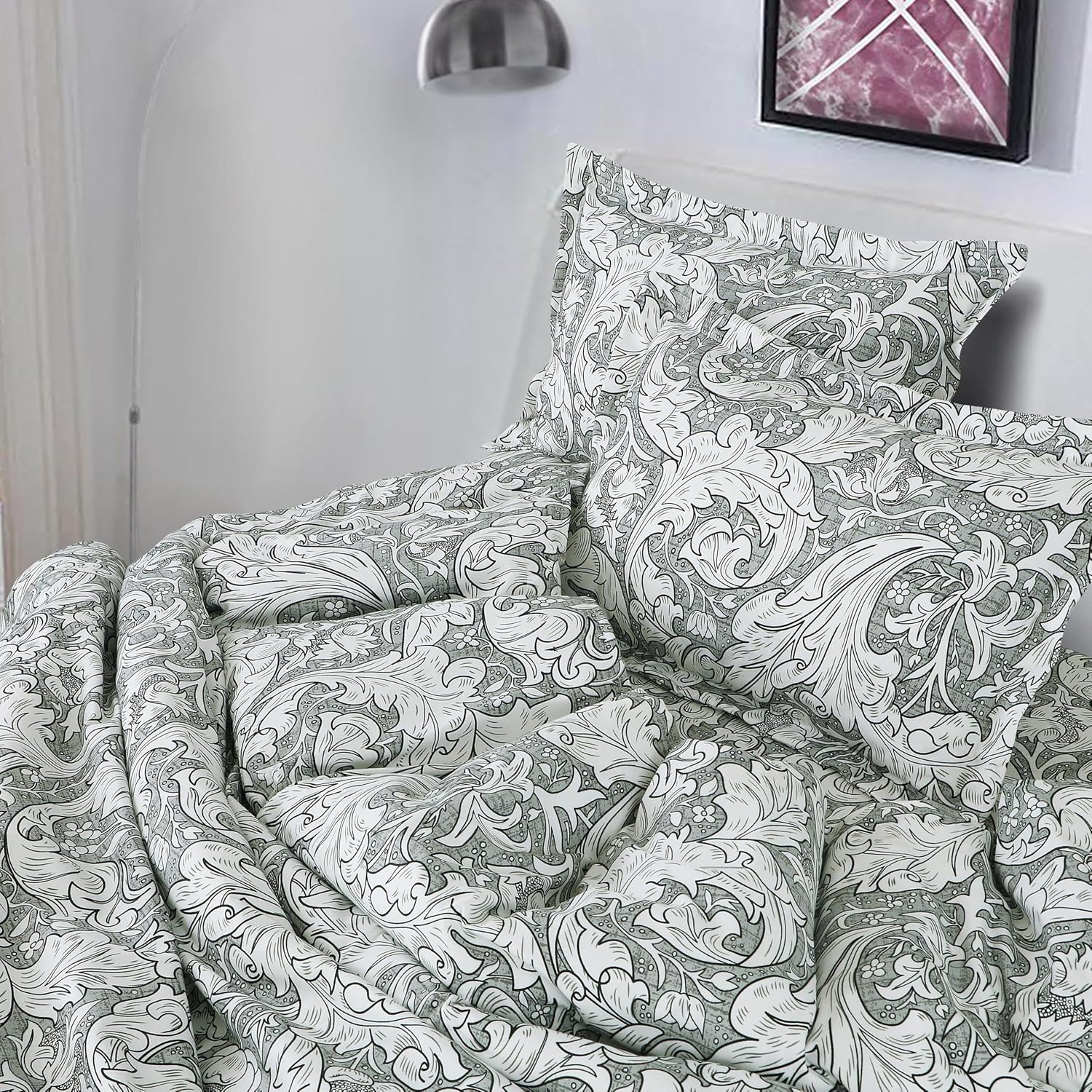 Super Soft Cotton King Size Bedsheet With 2 Pillow Cover + Comforter - 72 X 78 Inches, Grey & White | All Around Elastic Fitted | Skin Friendly & Long Lasting