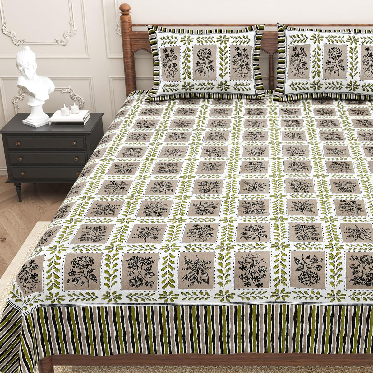 Pure Cotton King Size Bedsheet 2 Matching Pillow Covers | 100x108 Inches, Multicolor | Traditional Jaipuri Printed Bedsheet | Ideal Wedding Gift, Housewarming, Special Occasion Surprise