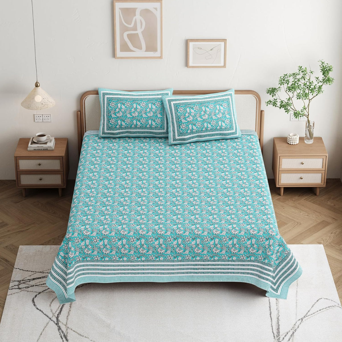Bedsheet For Queen Bed With 2 Pillow Covers - 90 X 108 Inches, Aqua Blue | Pure Cotton Traditional Jaipuri Printed | Ideal For Both Everyday Use & Special Events