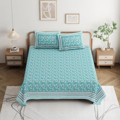 Bedsheet For Queen Bed With 2 Pillow Covers - 90 X 108 Inches, Aqua Blue | Pure Cotton Traditional Jaipuri Printed | Ideal For Both Everyday Use & Special Events