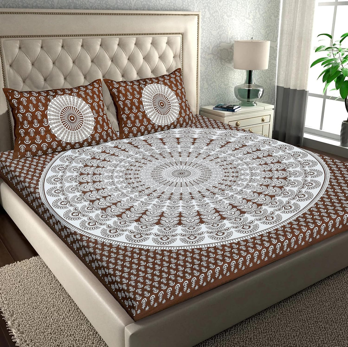 Rajasthani Jaipuri Bedsheets For Double Bed King Size With 2 Pillow Cover - 90 X 100 Inches, White & Brown | Skin Friendly Fabric With Vibrant Colors
