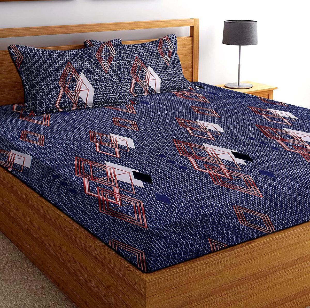 Double Bedsheet With 2 Matching Pillow Covers - 90 X 90 Inches, Dark Blue | 160 Thread Count Super Soft Glace Cotton Breathable & Wrinkle Free - 3 Pcs Set