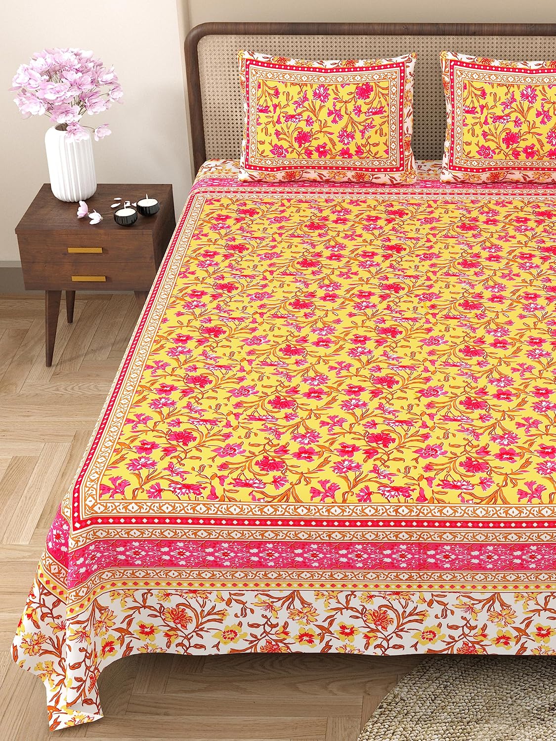 King Size Bedsheet With 2 Pillow Cover - 90 X 108 Inches, Yellow & Pink | Light Weight & Easy To Wash At Home | Resistant For An All-Season Use
