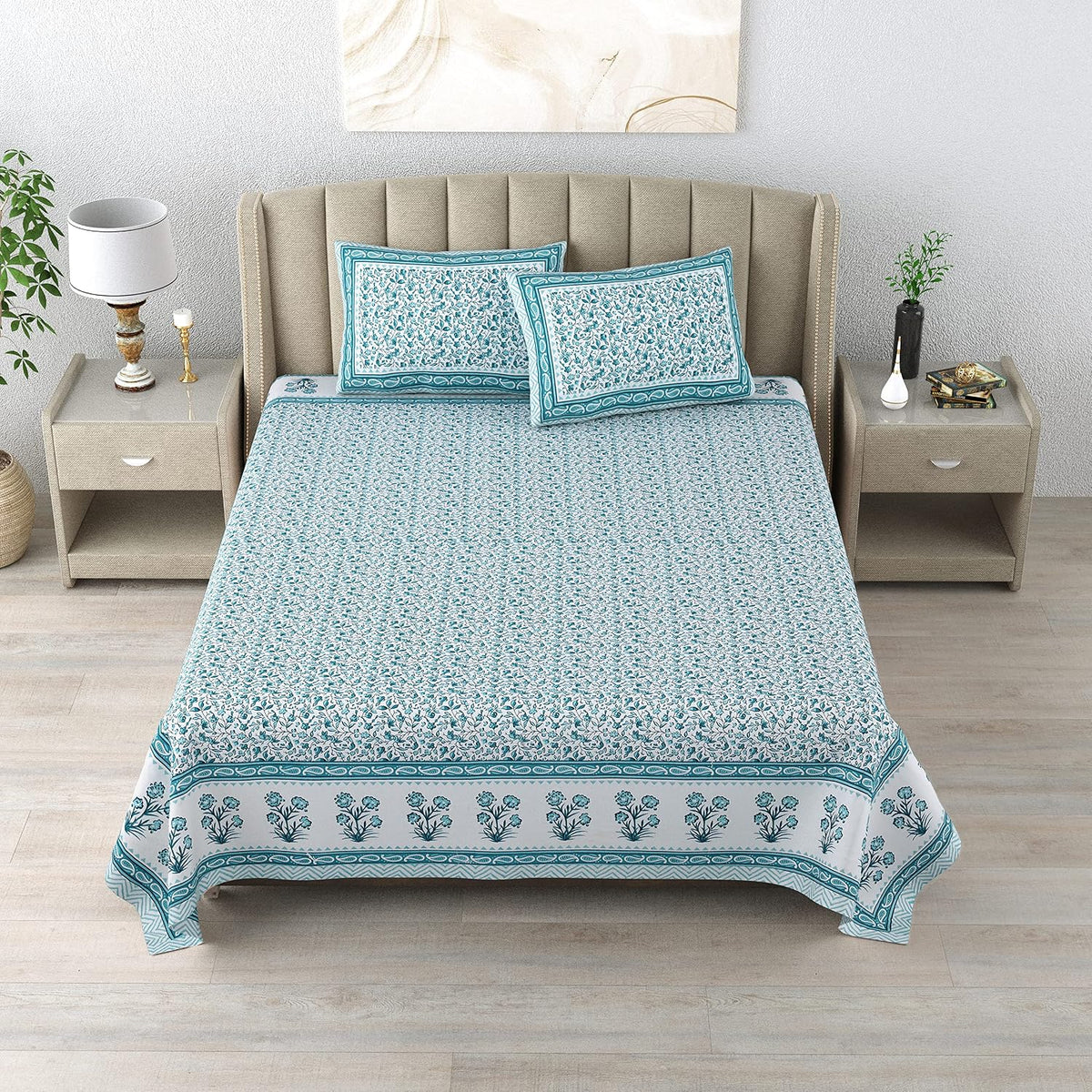 King Size Double Bedsheet With 2 Matching Pillow Covers Set | 90 X 108 Inches, White & Blue - Designer Printed Bedsheet Set | Perfectly Styled & Coordinated Look Bedsheet