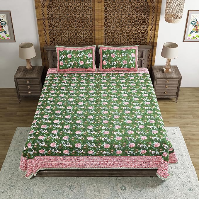 Traditional Hand Block Printed Cotton King Size Bedsheet With 2 Pillow Covers, 104 X 104 Inches, Green | 200 Thread Count-Vibrant Bedding For Stylish Bedrooms