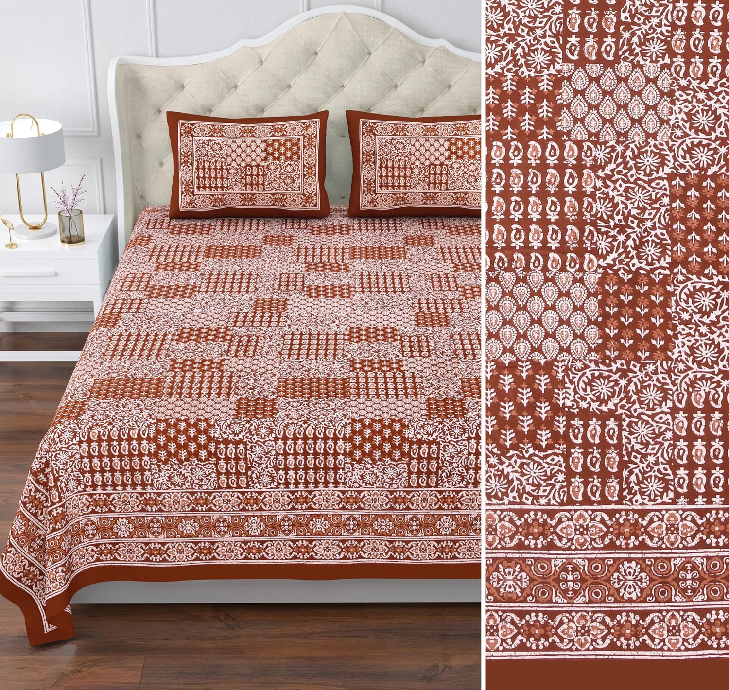 Printed Cotton Double Bedsheet For King Size With 2 Pillow Covers (95 X 108 Inches) Brown | 280 Thread Count - Pure Cotton Natural Fabric & Skin-Safe | Extra Soft & Wrinkle Free