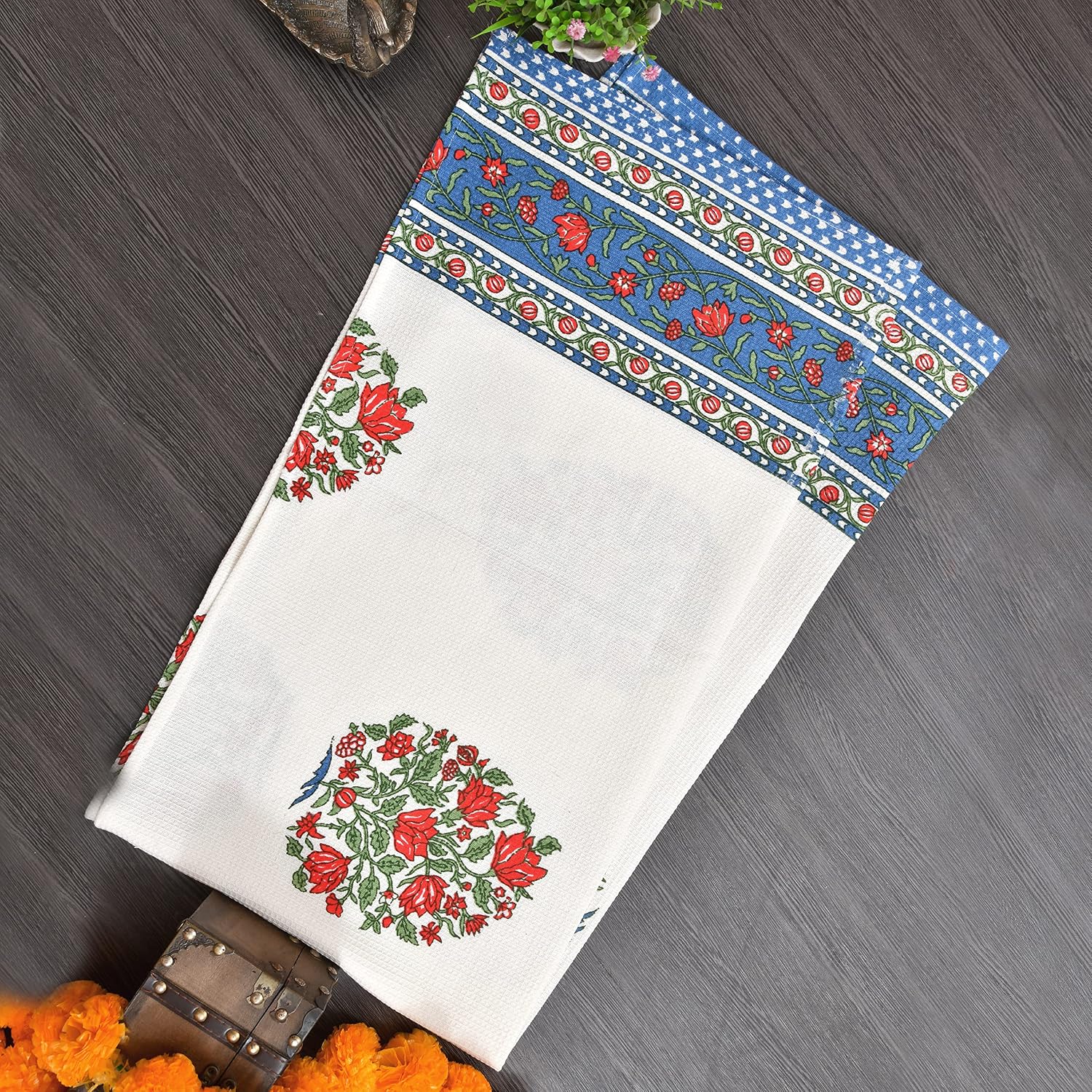 Mafatlal Madhuban Premium Cotton 1 Bath & 2 Hand Towel 700 Gsm | Hand Printed, Indian Floral Craft Towel (Snow White) - 3 Pcs