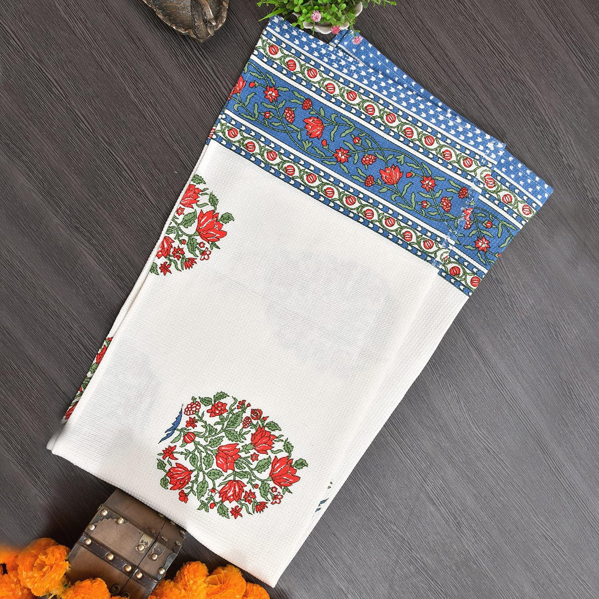 Easygoods Waffle Bath Towel Beautiful Pure Cotton Hand Block Printed Soft Water Absorbent Floral Printed Towels 250 Gsm (Water Blue)
