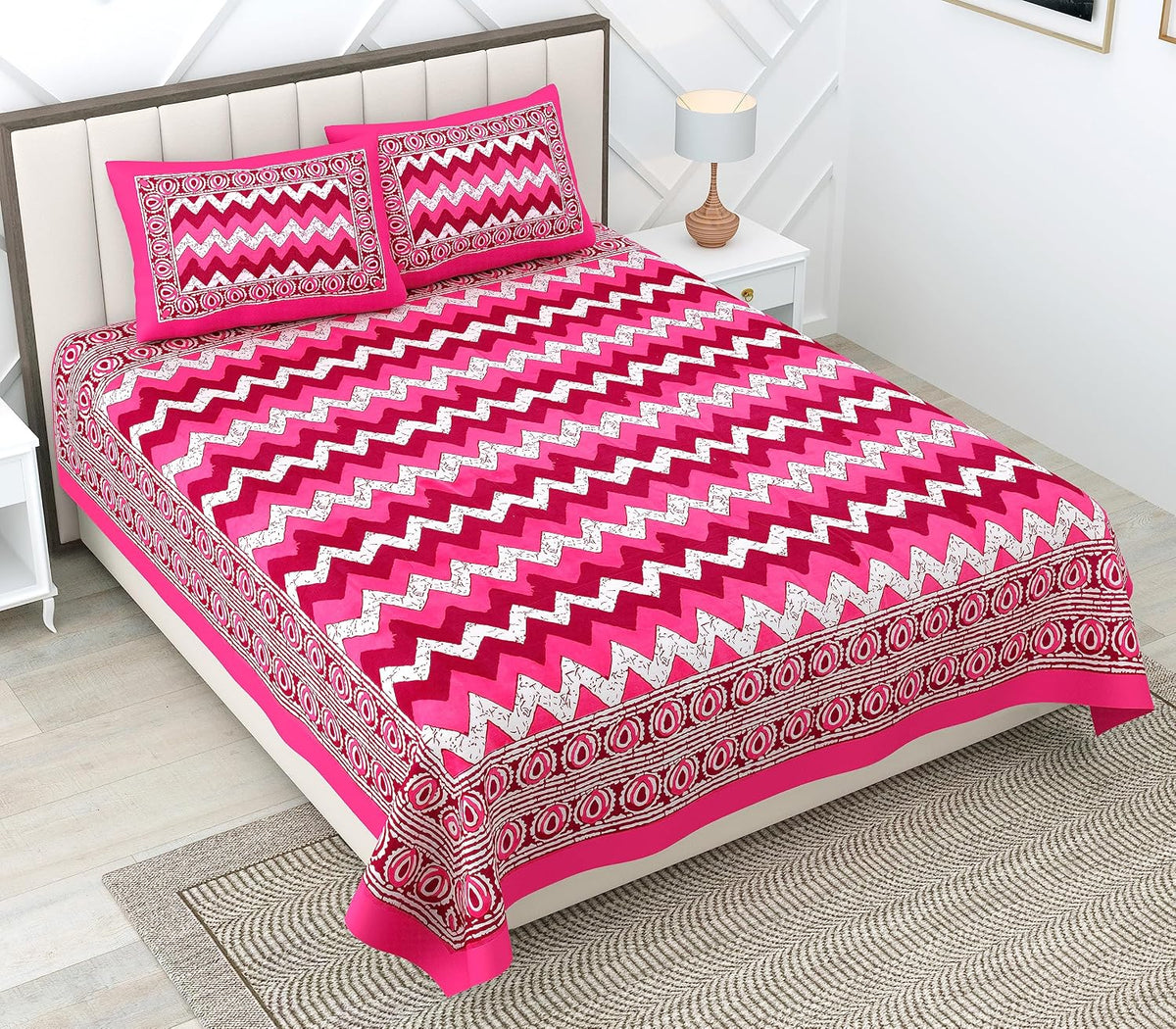 Rajasthani Jaipuri Bedsheets For Double Bed King Size With 2 Pillow Cover - 90 X 100 Inches, Pink | Skin Friendly Fabric With Vibrant Colors
