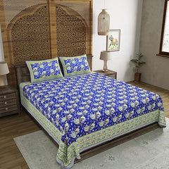 Hand Block Printed Cotton King Size Bedsheet With 2 Pillow Covers, 106 X 106 Inches, Blue | 200 Thread Count-Good For Villas, Resorts, Guest Houses, & Daily Home Use