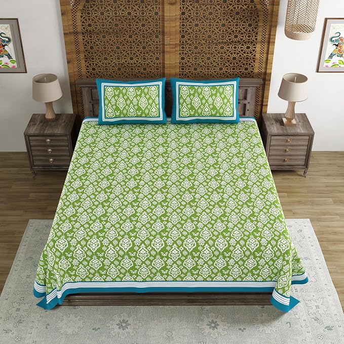 Hand Block Printed Cotton King Size Bedsheet With 2 Pillow Covers, 106 X 106 Inches, Green | 200 Thread Count-Good For Villas, Guest Houses, & Daily Home Use