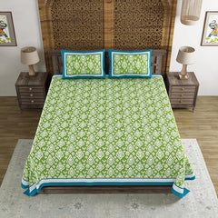 Hand Block Printed Cotton King Size Bedsheet With 2 Pillow Covers, 106 X 106 Inches, Green | 200 Thread Count-Good For Villas, Guest Houses, & Daily Home Use