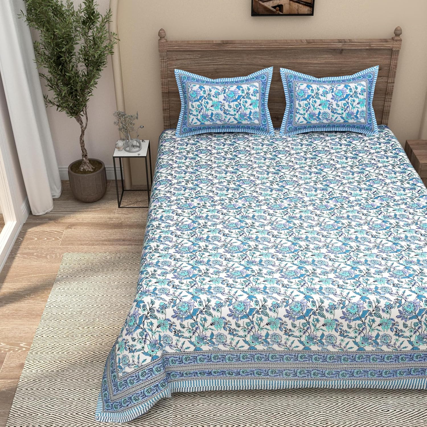 Traditional Rajasthani Design Bedsheet With 2 Pillow Covers - 90 X 108 Inches, Aqua & White | Color Fade Resistant & Shrinkage Resistant For All-Season Use