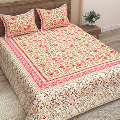 Traditional Rajasthani Design Bedsheet With 2 Pillow Covers - 90 X 108 Inches, Yellow & Pink | Color Fade Resistant & Shrinkage Resistant For All-Season Use