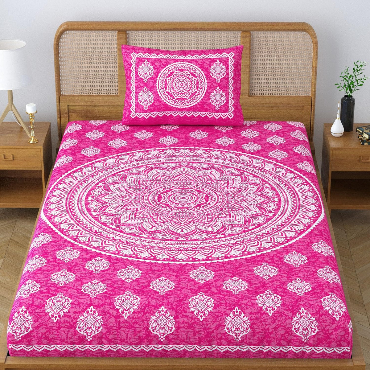 Single Bedsheet With 1 Pillow Covers - 54 X 84 Inches, Pink | Long Lasting & Soft 120 Thread Count Bedsheet | Traditional Jaipuri Printed Bedsheet