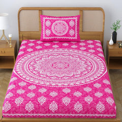 Single Bedsheet With 1 Pillow Covers - 54 X 84 Inches, Pink | Long Lasting & Soft 120 Thread Count Bedsheet | Traditional Jaipuri Printed Bedsheet
