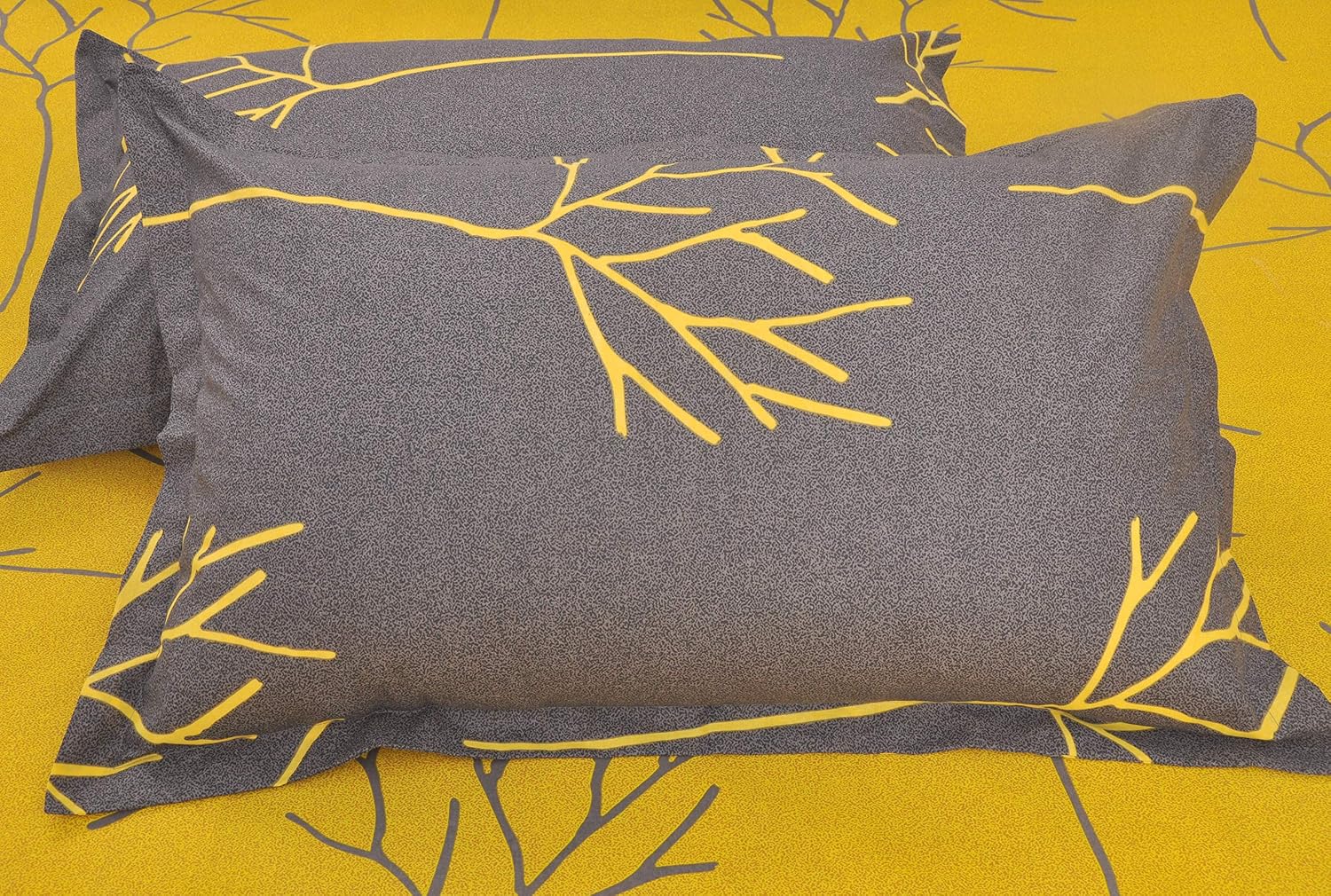 1 King Size Bedsheet With 2 Pillow Covers - 108 X 110 Inches, Yellow & Grey | Skin Friendly Fabric With Vibrant Colors | Beautiful Bedsheets
