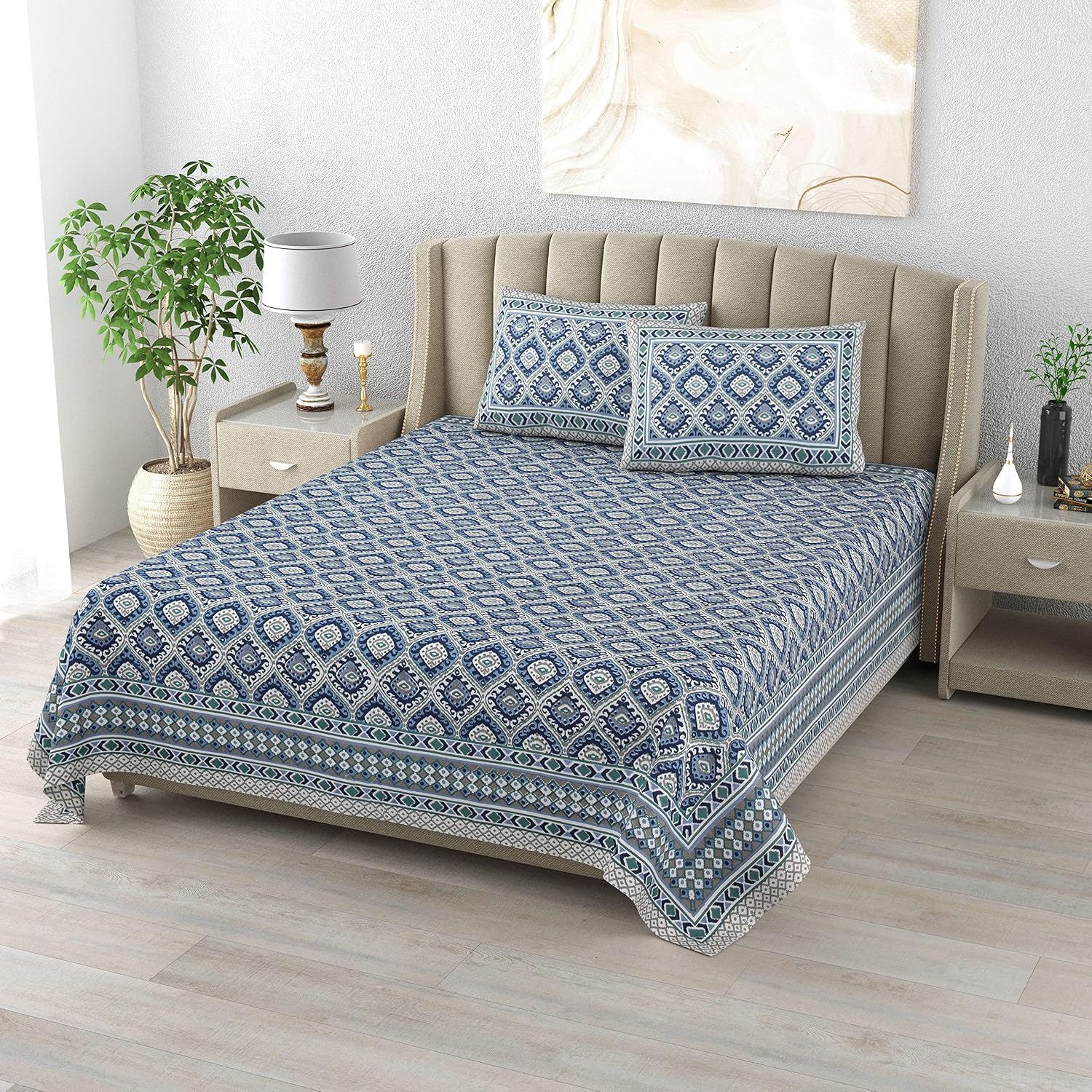 King Size Double Bedsheet With 2 Matching Pillow Covers Set | 90 X 108 Inches, Blue - Designer Printed Bedsheet Set | Perfectly Styled & Coordinated Look Bedsheet