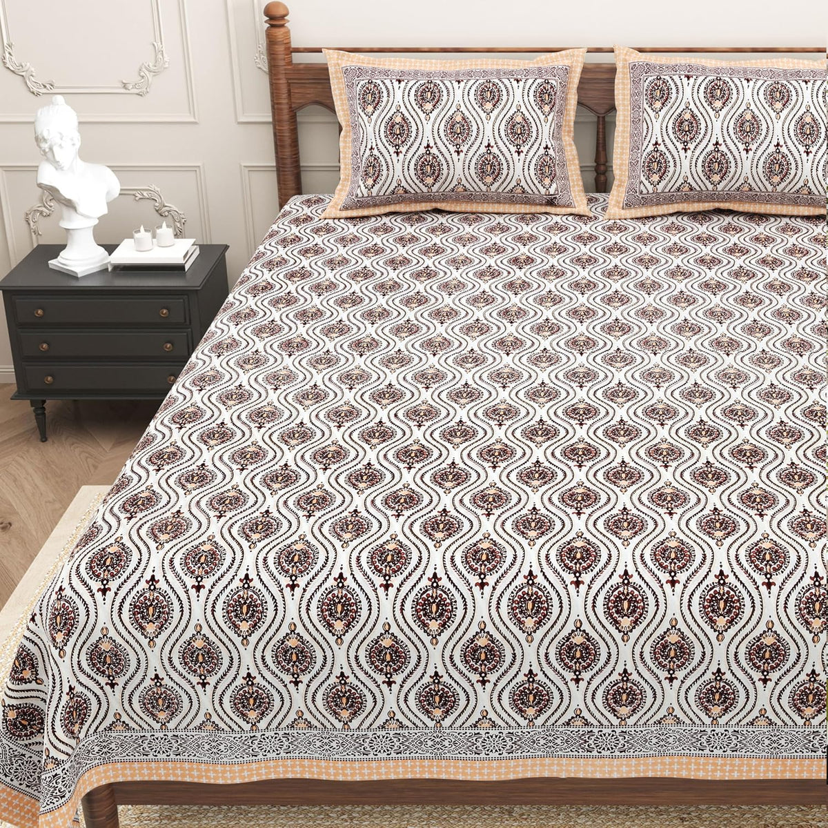 Pure Cotton King Size Bedsheet 2 Matching Pillow Covers | 100x108 Inches, Brown & Orange | Traditional Jaipuri Printed Bedsheet | Ideal Wedding Gift, Housewarming, Special Occasion Surprise