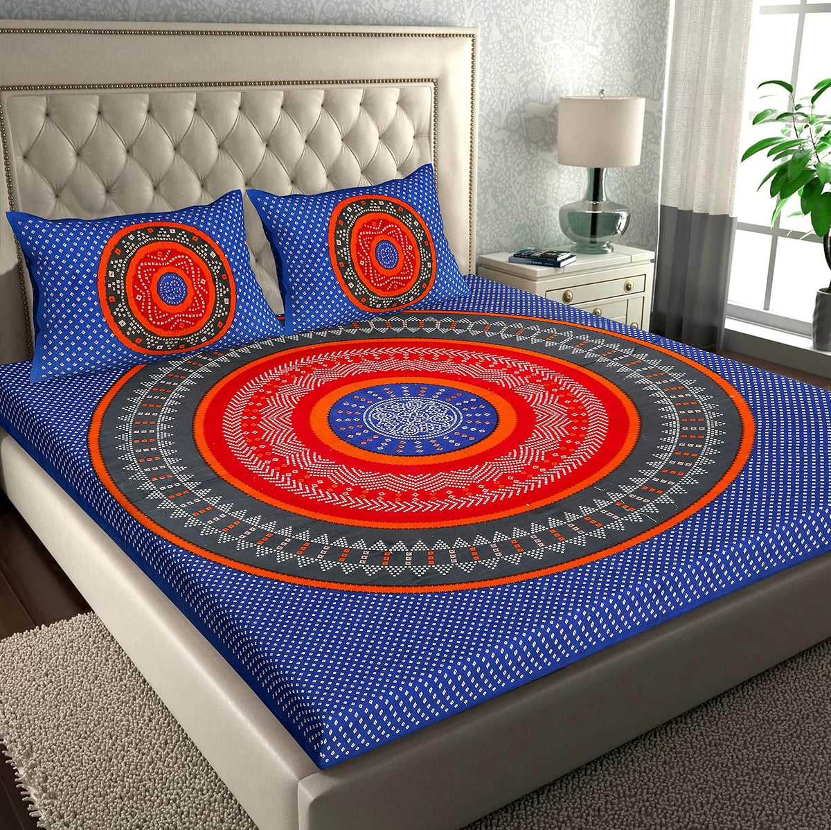 Pure 100% Cotton Double Bed Sheet With 2 Pillow Covers - 90 X 100 Inches, Blue & Red | Beautifully Handcrafted Jaipuri Bedsheets - Skin Friendly Fabric